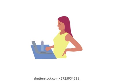 Mujer que experimenta dolor de espalda mientras trabaja en el escritorio de pie, Ilustración vectorial ergonómica del espacio de trabajo.