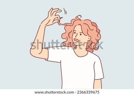 Woman is experiencing hair problems and needs help of stylist or purchase of quality shampoo. Girl with bad haircut suffers from greasy and brittle hair causing discomfort or depression.