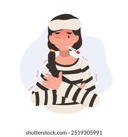 Uma mulher com febre alta e calafrios está usando um termômetro para verificar sua temperatura.