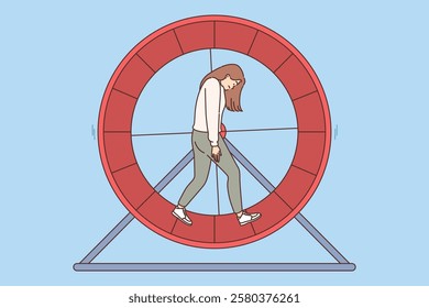 Woman experiencing melancholy and apathy performs meaningless actions, walking on hamster wheel. Problem of apathy in girls who feel learned helplessness and lack of motivation to do work