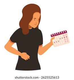Mulher com cólicas menstruais segurando um calendário, destacando os desafios da menstruação e a importância de acompanhar os ciclos