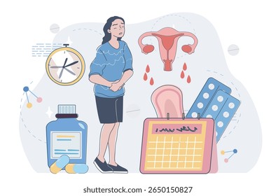 Mulher com dor menstrual com útero, pílulas, calendário, absorvente e elementos de relógio no fundo abstrato macio. Conceito de menstruação e TPM. Ilustração vetorial