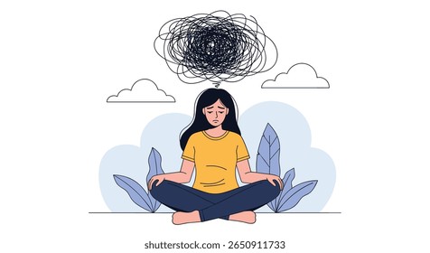 Woman experiencing mental distress meditating amidst chaotic thoughts and cloudy skies creating a tranquil atmosphere