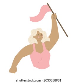 Woman experiencing negative emotions. Indignation, protest, meeting. Angry girl waving a flag. Fight for rights. Vector illustration, flat style. Isolated on white background. Girls power.