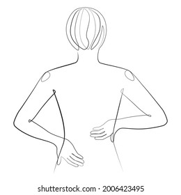 Woman experiencing pain in the lumbar part of the back made in a graphic style of line art on white isolated background