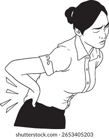Uma mulher com forte dor na região lombar, segurando a mão para trás. Esta ilustração descreve o desconforto comum e problemas de saúde relacionados a estilos de vida sedentários ou lesões.