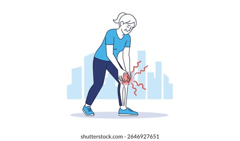 Woman Experiencing Sharp Knee Pain While Standing Outdoors Caused by Injury or Arthritis Affecting Her Leg Health