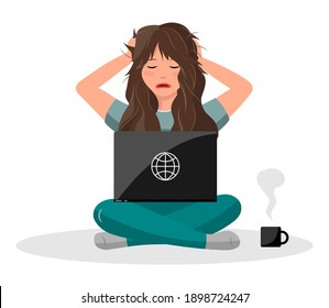La mujer está experimentando estrés, fracaso, un problema. La chica estudia, se sienta en el suelo, trabaja en casa en una computadora, una laptop. Estilo plano.