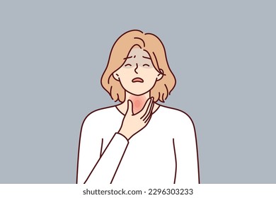 Woman is experiencing thyroid pain associated with hypothyroidism or cancer of endocrine system and puts hand on red neck. Thyroid disease requiring treatment and therapy or surgery