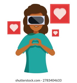 Woman experiencing virtual reality expressing love and receiving likes on social media