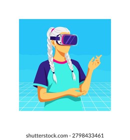 A woman experiencing virtual reality with a headset gesturing in futuristic digital environment. Ideal for tech gaming and innovation concepts.