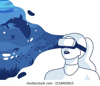 woman experiencing virtual reality using looking ocean. Metaverse digital cyber world technology vector background illustration