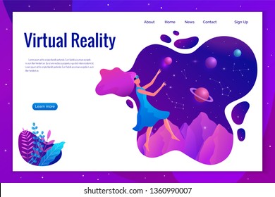 Woman experiencing virtual reality wearing vr goggles vector illustration. Floating girl in space.