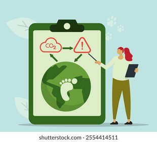 Woman explain about dangerous co2 emission and it impact to life on earth. Green energy, save earth, eco green. Trendy flat vector illustration. 