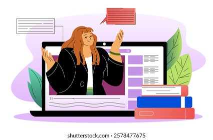 Woman explaining concepts in an online class on a laptop screen with books and leaves in the background. Flat style. Concept of education and e-learning. Vector illustration