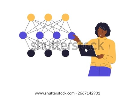 Woman Explaining Deep Learning Neural Network Illustration. Vector Flat Illustration