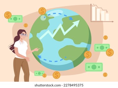 Woman explaining global economic situation vector illustration. Planet Earth with import and export waypoints, inflation diagram, money exchange. Recession in world economy, economic crisis concept