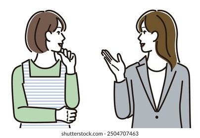 A woman explaining and a housewife listening to the explanation