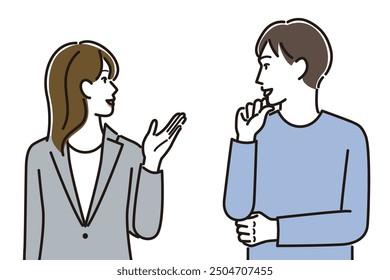 A woman explaining and a man listening