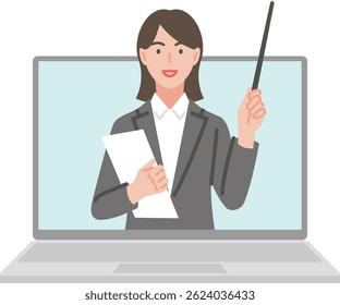 A woman explaining with a pointer at an online class