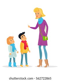 Woman explaining rules with raised hand for attentive children on white. Deliberately dressed female person teaches obedient little boy and girl. Vector cartoon illustration of learning process