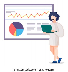 Woman explaining statistics charts and diagrams on presentation. Person telling about project plans, strategies and analytics. Lady work at business company. Vector illustration of appointment in flat