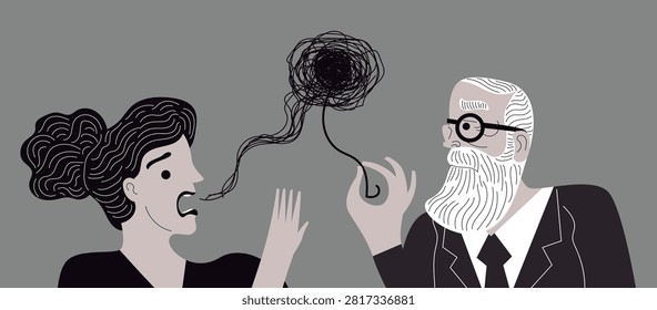 woman explaining tangled thoughts to freudian psychoanalyst