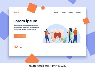 Woman explaining tooth structure to people. Enamel, lecture, medicine flat vector illustration. Stomatology and dentistry concept for banner, website design or landing web page