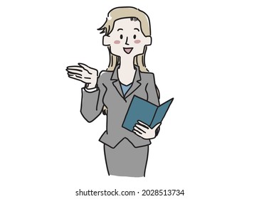 
A woman explaining while looking at the material