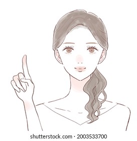 A woman explaining while pointing her finger. On a white background.