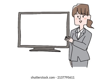 Una mujer explica mientras muestra la pantalla LCD, una persona manuscrita cómica, un vector y un simple coloreado de dibujos de línea.