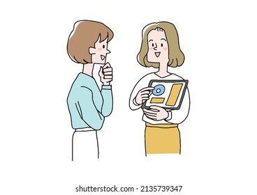  A woman explaining while showing a tablet, a comical handwritten person, a vector, and simple coloring of line drawings.