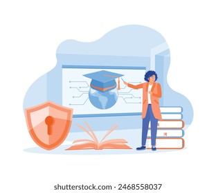 The woman explains about cyber security. Conduct cyber training in the workspace. Cyber ​​security concept. Flat vector illustration.