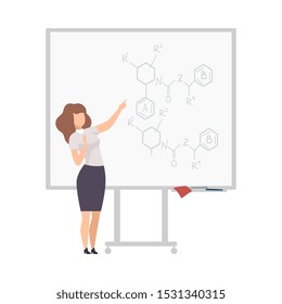 Woman explains chemical compounds on the blackboard vector illustration