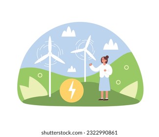 Woman explains principle of operation of wind power plants. Conversion kinetic wind energy into electricity. Smart exploitation of natural resources. Person showing alternative sources of energy