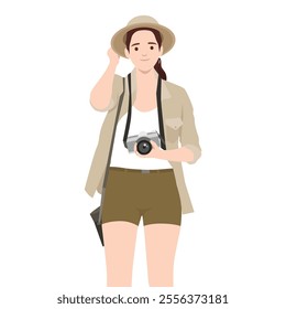 Woman explorer or safari traveler standing in a wide brimmed hat holding camera. Flat vector illustration isolated on white background