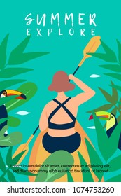 Woman explores tropical canal jungle in summer with Kayak boat. Summer nature explore concept, vector illustrate design.