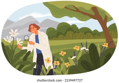 Woman exploring nature, analyzing plants. Researcher looking at flower with loupe. Environmental and ecology research. Scientist conducts ecological experiment. Explorer works in forest or park