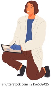 Woman exploring nature and making notes. Researcher analysing natural area. Environmental and ecology research. Scientist conducts ecological experiment. Explorer works researcher analyzes nature