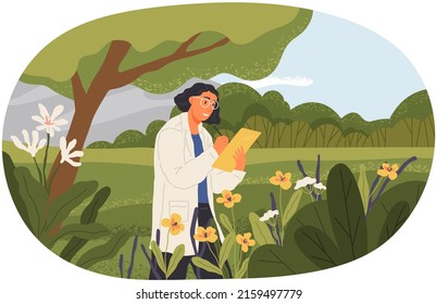Woman Exploring Nature And Making Notes. Researcher Analysing Natural Area. Environmental And Ecology Research. Scientist Conducts Ecological Experiment. Explorer Works Researcher Analyzes Nature