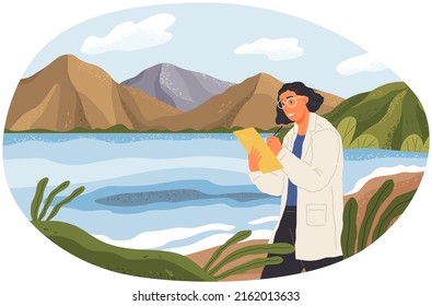 Mujer explorando la naturaleza y haciendo notas. Investigador analizando el área natural. Investigación ambiental y ecológica. El científico lleva a cabo un experimento ecológico. Explorer funciona a orillas de río o lago