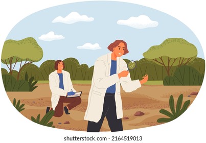 Woman exploring nature and making notes. Researcher analysing natural area. Environmental and ecology research. Scientist conducts ecological experiment. Explorer works researcher analyzes nature
