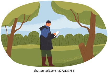 Woman exploring nature and making notes. Researcher analysing natural area. Environmental and ecology research. Scientist conducts ecological experiment. Explorer works researcher analyzes nature