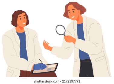 Woman exploring nature and making notes. Researcher analysing natural area. Environmental and ecology research. Scientist conducts ecological experiment. Explorer works researcher analyzes nature