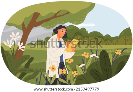 Woman exploring nature and making notes. Researcher analysing natural area. Environmental and ecology research. Scientist conducts ecological experiment. Explorer works researcher analyzes nature