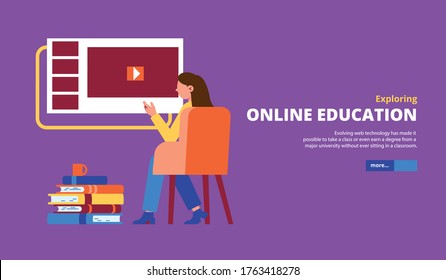 Woman exploring online education programs courses classes lessons tutorials flat horizontal violet background web banner vector illustration 