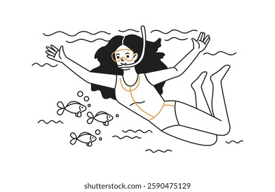 A woman exploring the underwater world while snorkeling with fish, enjoying the ocean’s beauty and feeling adventurous, illustrated in a playful doodle style.