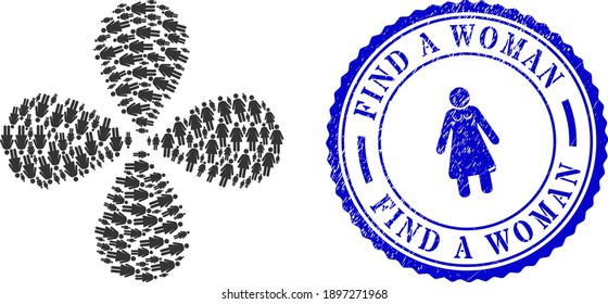 Woman explosion flower cluster, and blue round FIND A WOMAN scratched badge with icon inside. Element flower with 4 petals designed from oriented woman symbols. Vector flower collage in flat style.