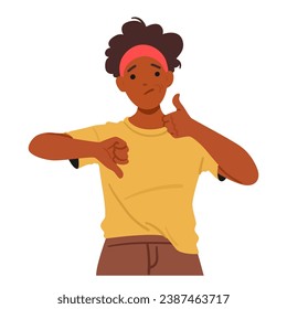 Woman Expresses Disapproval By Firmly Pointing Thumb Downward, Her Face Displaying Clear Dissatisfaction And Disappointment. Black Female Character Showing Dislike. Cartoon People Vector Illustration