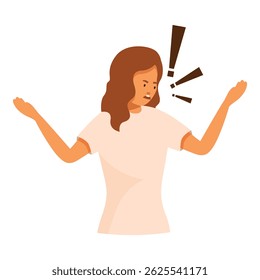Woman expressing anger, shouting and arguing with raised hands and exclamation marks